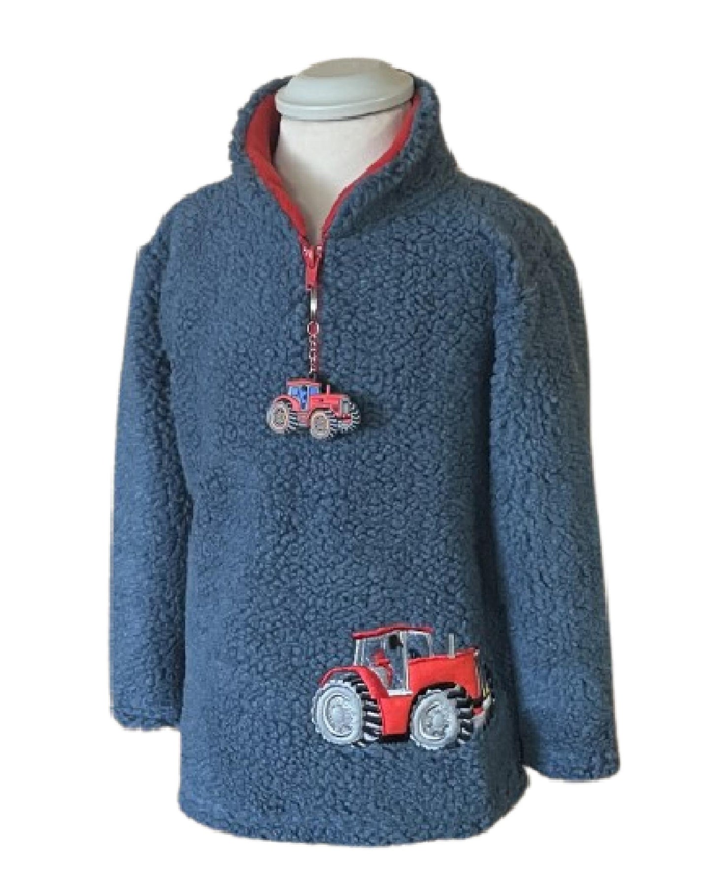 Dangly Red Tractor – Pebble Fleece – Denim