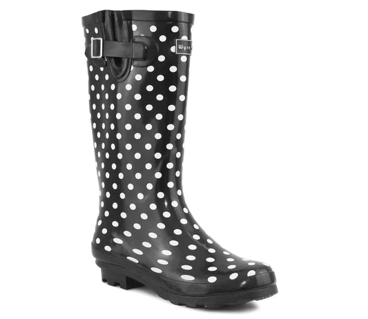 BLACKSPOT Womens Adjustable Black White Polka Dot Wellies